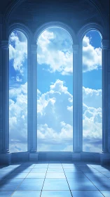 Sky-lit neoclassical arches framing luminous cumulus clouds.