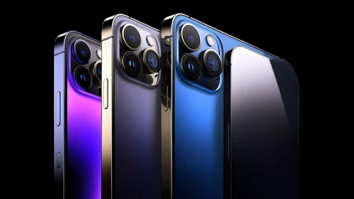 Smartphones stand upright showing triple camera modules