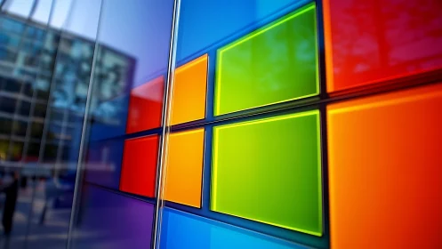 Colorful glass window panels reflect modern cityscape.