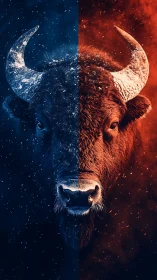 Bison portrait splits into cold blue ice and hot red fire