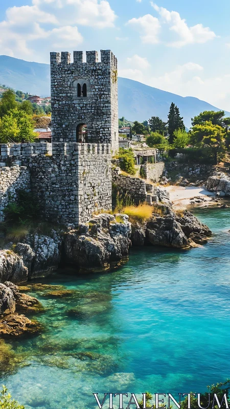 Stone coastal tower stands on rocky shoreline above clear water
