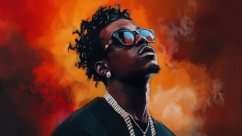 Portrait of stylish man in sunglasses amid fiery bokeh clouds.