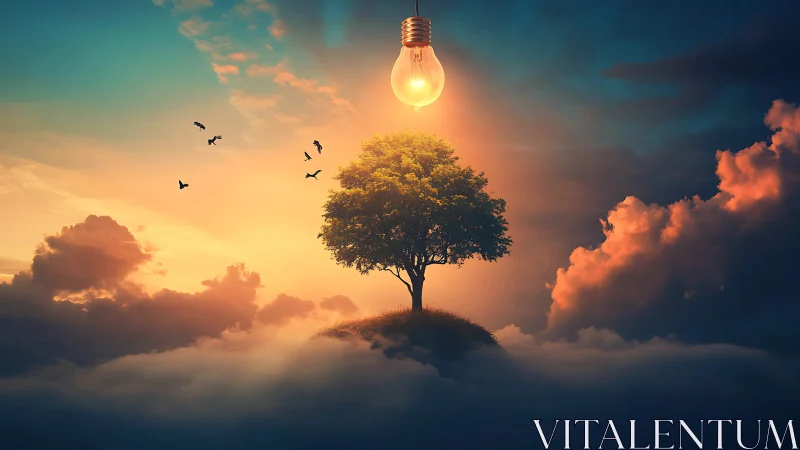 Tree on floating hill under glowing suspended light bulb