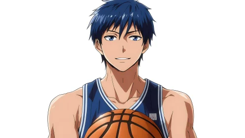Blue haired anime basketball player holds ball confidently.