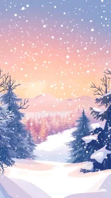 Gradient winter conifer valley under diffuse snowfall field.