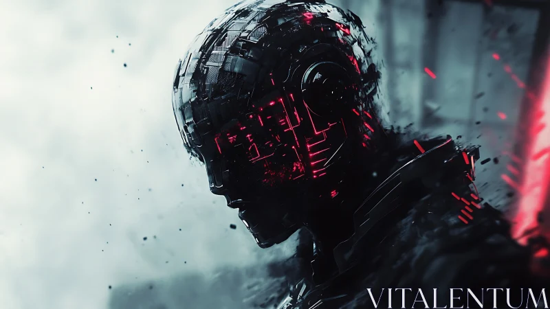 Cybernetic silhouette with glowing red circuit visage.