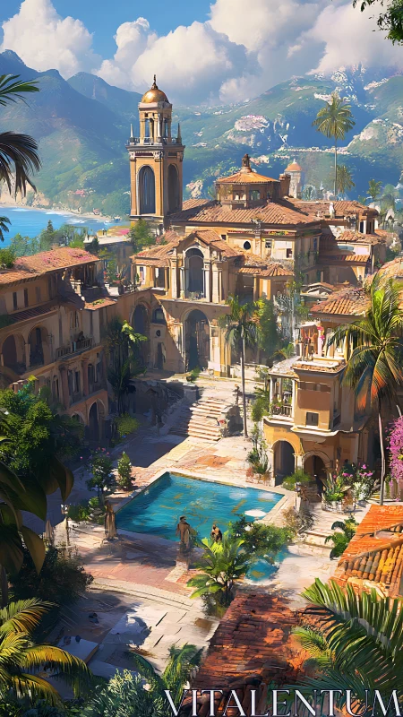 Sunlit Mediterranean villa courtyard overlooks coastal bay