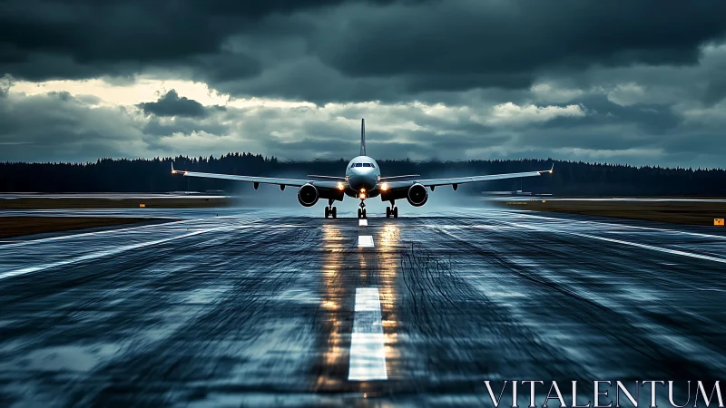 Photorealistic airliner taxiing on wet runway under storm clouds.