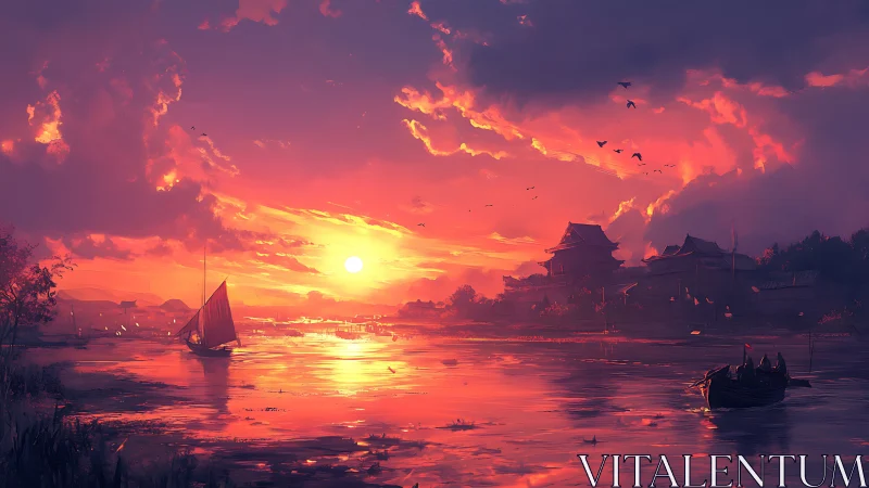 Sunlit river boats drift quietly past a glowing ancient town