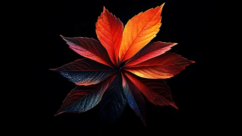 Radiant autumn leaves form a glowing star in the dark