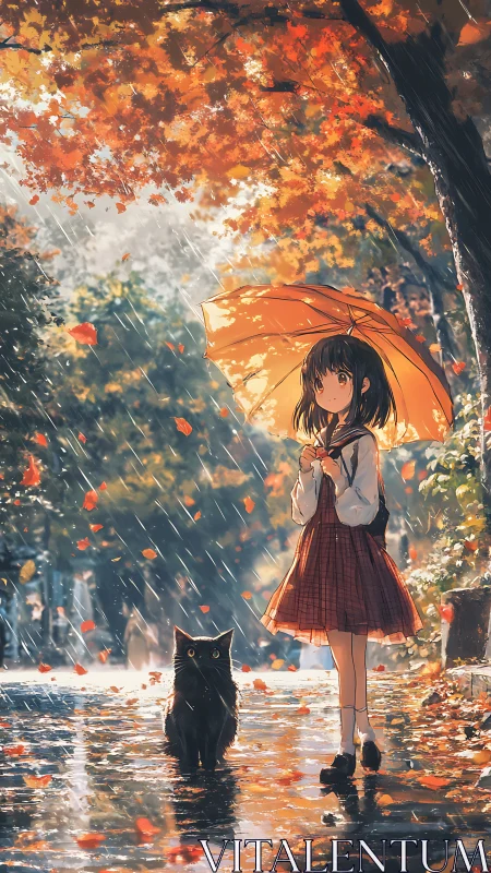 Girl with orange umbrella meets black cat in autumn rain.