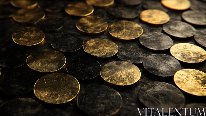 Shiny Gold and Black Coins Close-Up in Dramatic Lighting.