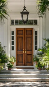Symmetrical wooden double entry door framed by glazed sidelights and transom
