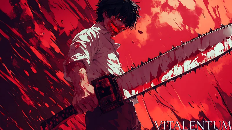 Blood-soaked anime figure holding large chainsaw weapon.