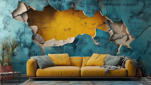 Textured turquoise breach exposing ochre core behind sofa wall.