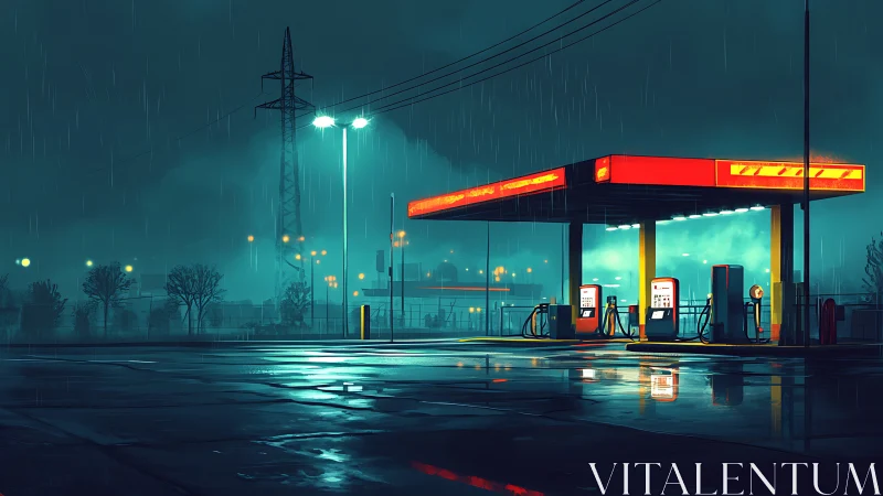 Midnight gas station hums softly through electric rain