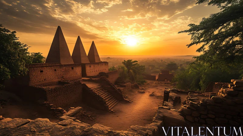 Sunlit desert pyramids above ancient stone settlement.