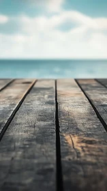 Photorealistic shallow-focus pier planks with coastal backdrop.
