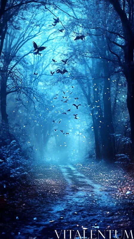 Flock of birds flies above blue forest path at twilight