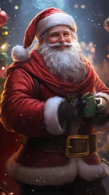 Jolly Santa portrait with warm bokeh lights and snowfall.
