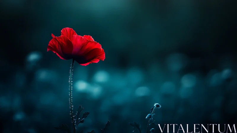Solitary scarlet poppy against deep teal bokeh field.