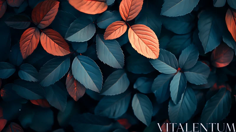 Copper leaves amid teal foliage in moody soft focus.