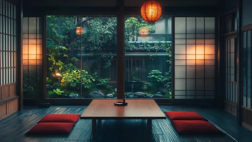 Tatami courtyard interface with lantern-lit spatial symmetry.