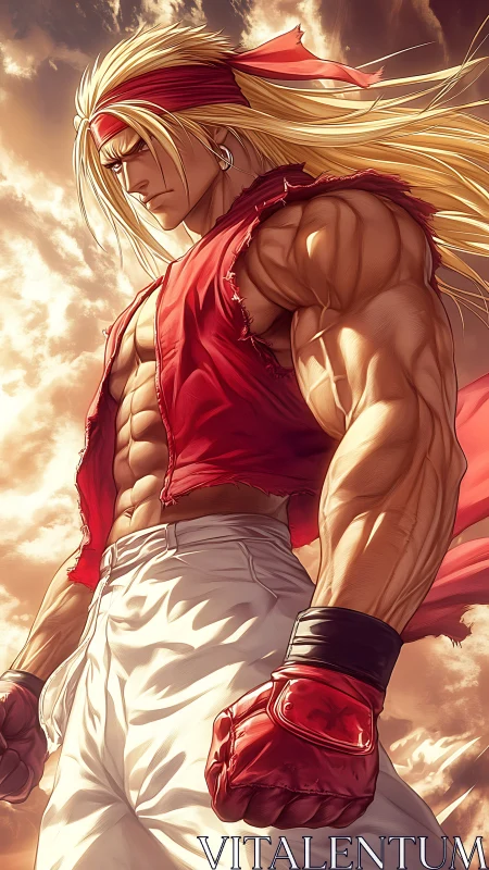 Stormlit warrior in red poised beneath glowing skies.