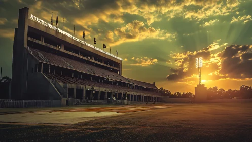 Sunset hush over the quiet stadium waiting for game night.