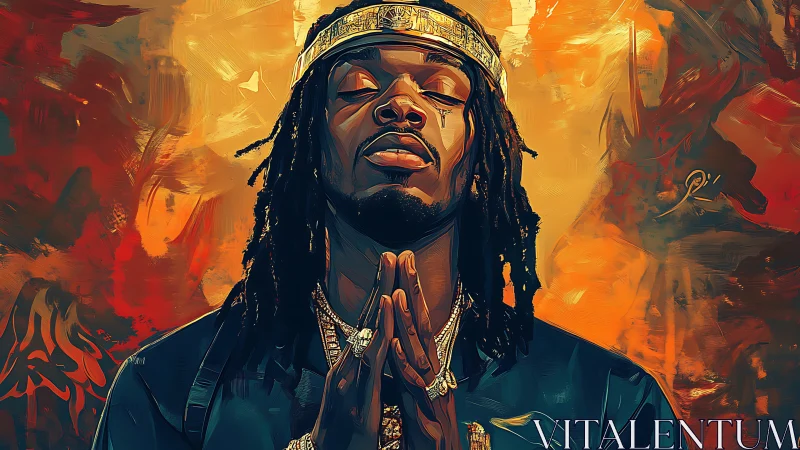 Portrait shows man with clasped hands against fiery abstract backdrop