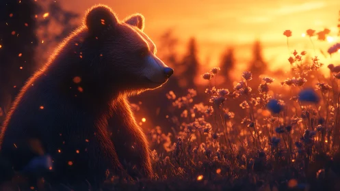 Young bear watches glowing sunset in a wildflower meadow.