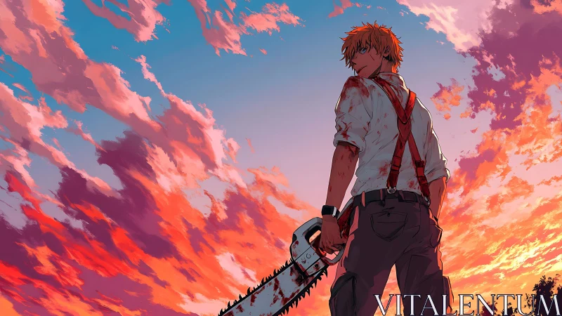 Bloodstained chainsaw hero stalks a neon painted sunset sky.