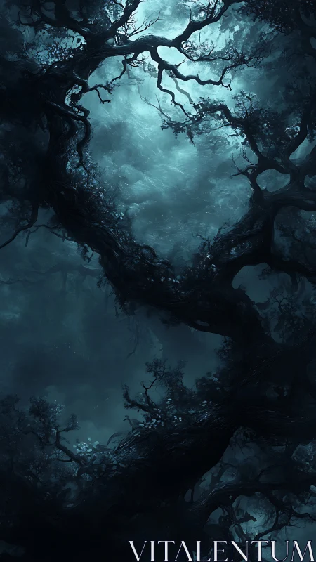 Twisted tree canopy forming irregular opening to sky.