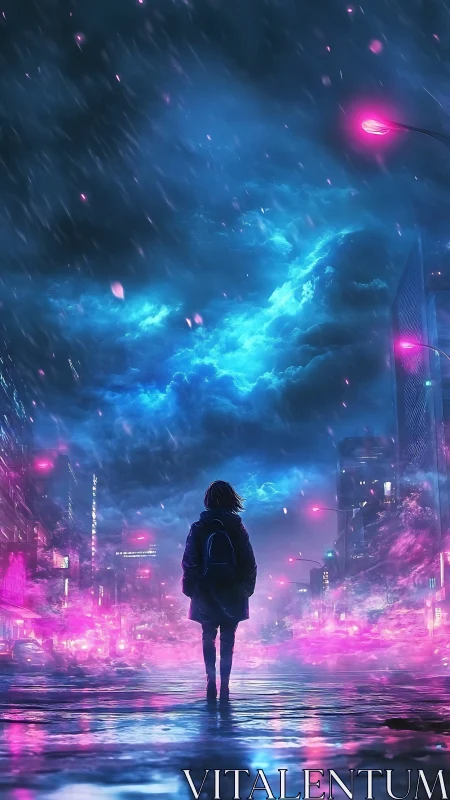 Backlit wanderer in neon-saturated stormfront convergence.