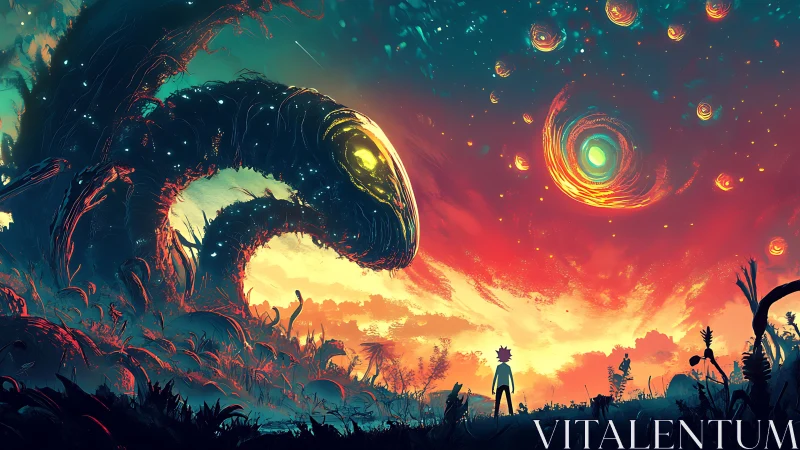 Cosmic sky opens as a lone explorer meets a glowing titan