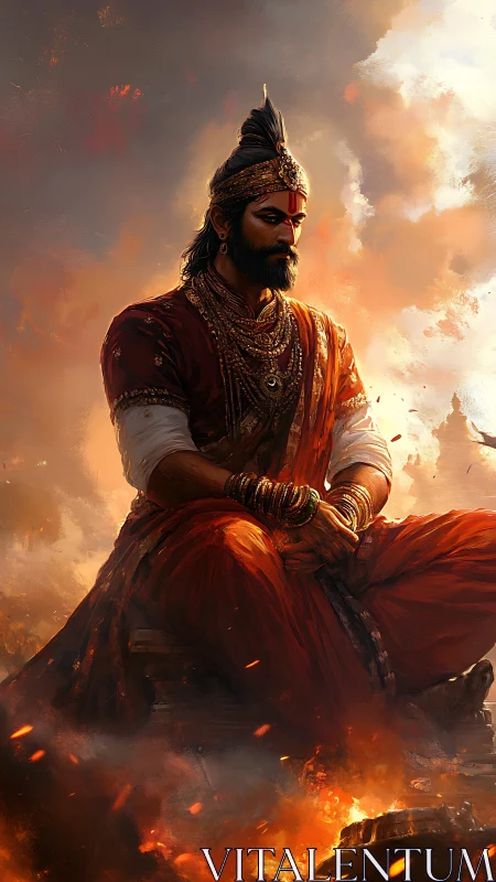 Firelit warrior king in crimson meditation above embers.