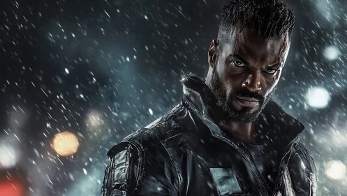 Man in tactical jacket standing in heavy nighttime rain.