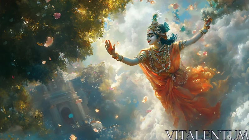 Divine dancer in orange sari floats through luminous cloudscape