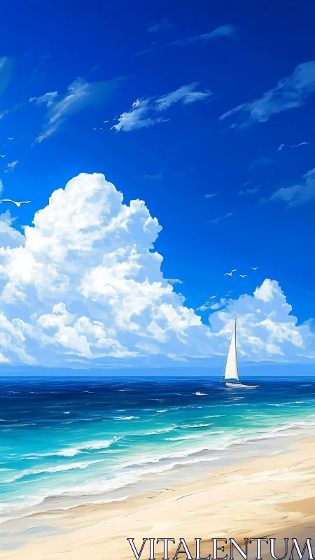 Vertical seascape illustration renders yacht against cumulus sky
