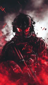 Armored assault operative emerges from red vaporous battlefield