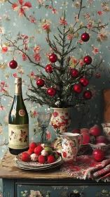 Festive table still life with decorated tree and red fruit.