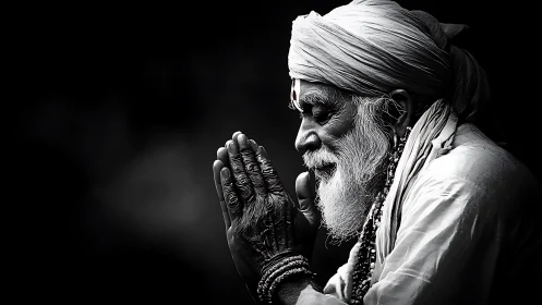 Monochrome elder in profile, folded hands, high-contrast light