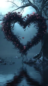 Heart-shaped Tree Formation with Floral Elements Over Water