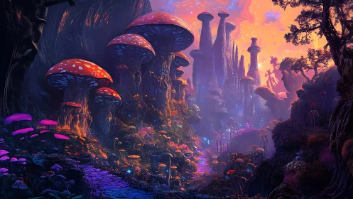 Large bioluminescent fungi line a winding alien forest path