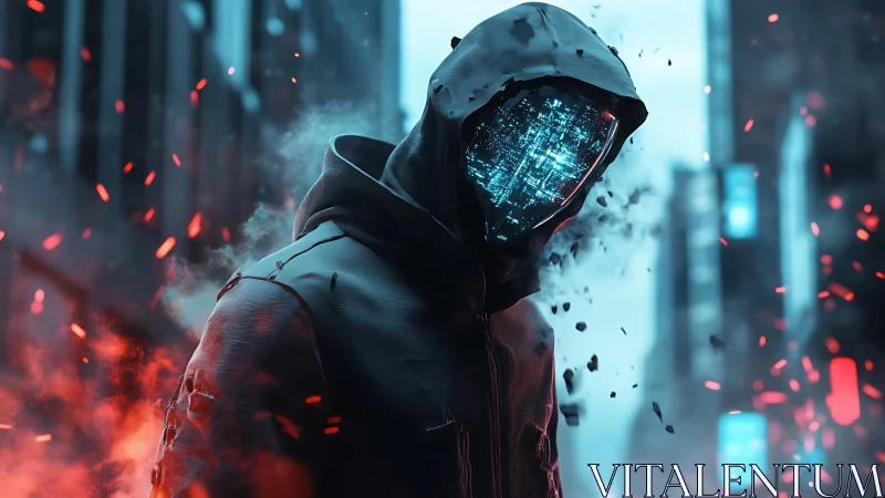 Cybernetic hooded entity in neon urban inferno environment.