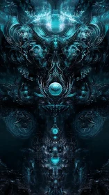 Symmetric alien visage forms from luminous cyan fractal depths