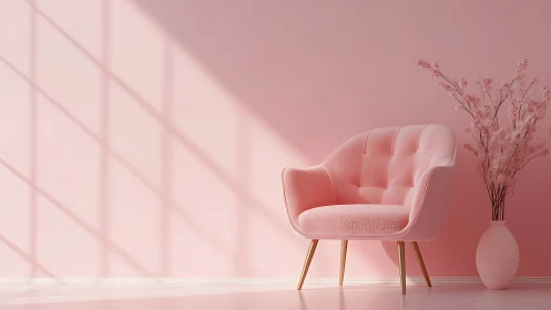 Blush velvet lounge chair basking in dreamy pastel sunlight.