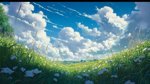 Sunlit meadow slopes frame distant town under vast clouds