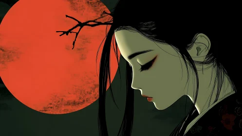 Side profile of woman in stylized anime art against red moon