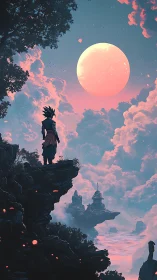 Warrior on cliff under oversized moon in pastel sky.